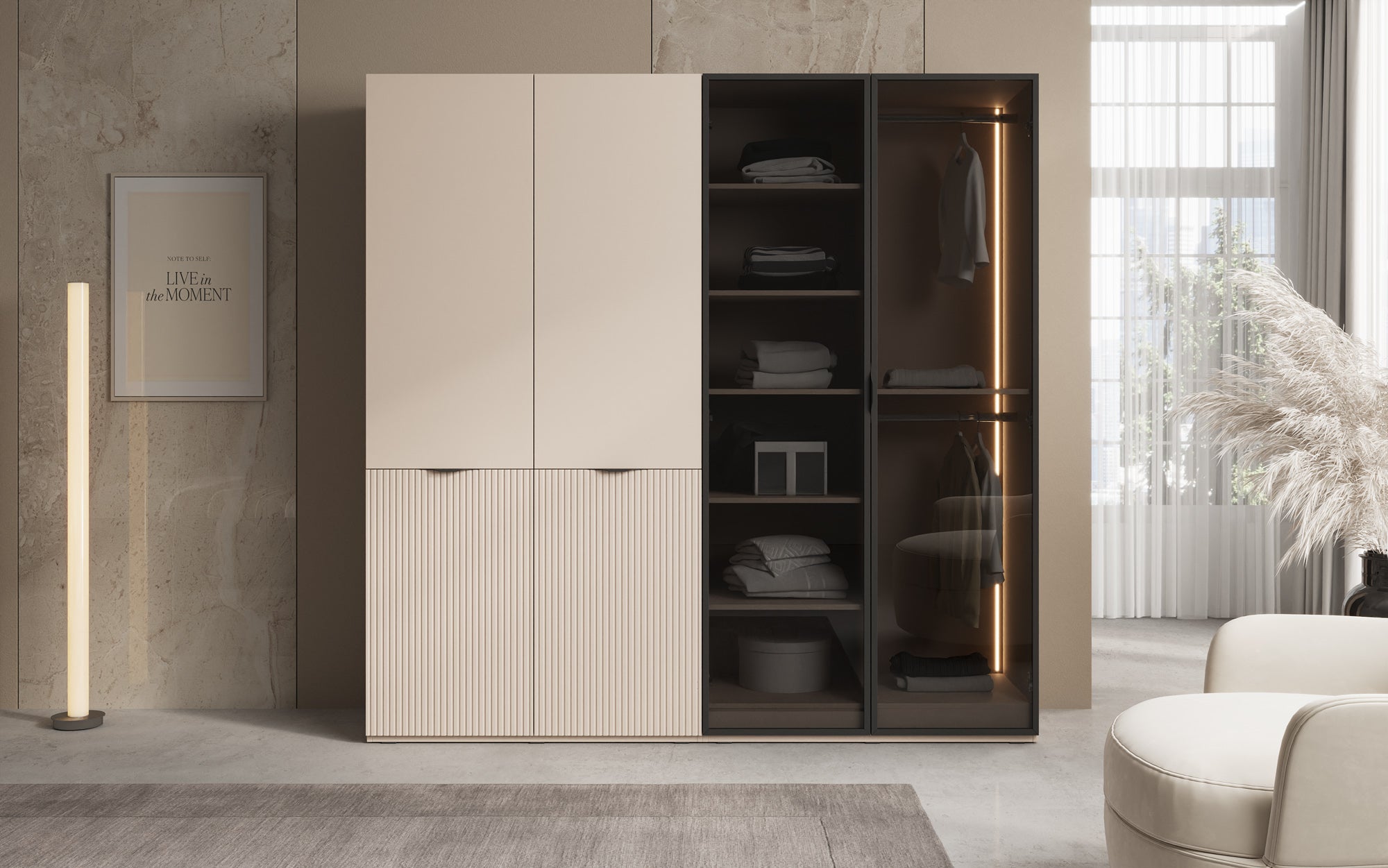 Modulo Nero – Modularer Kleiderschrank mit Glas- und Strukturfront