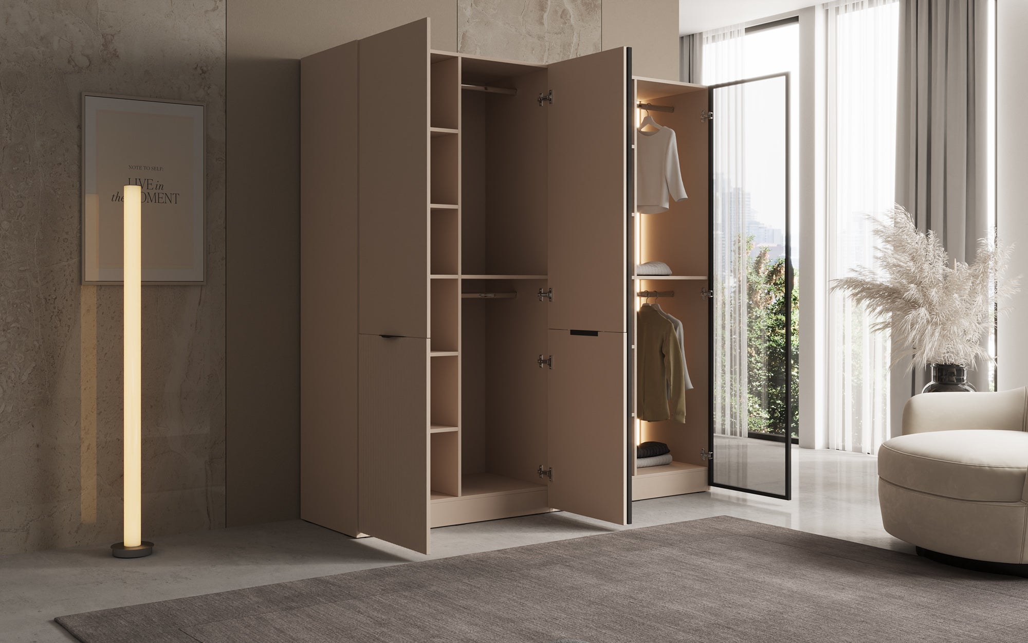 Modulo Nero – Modularer Kleiderschrank mit Glas- und Strukturfront