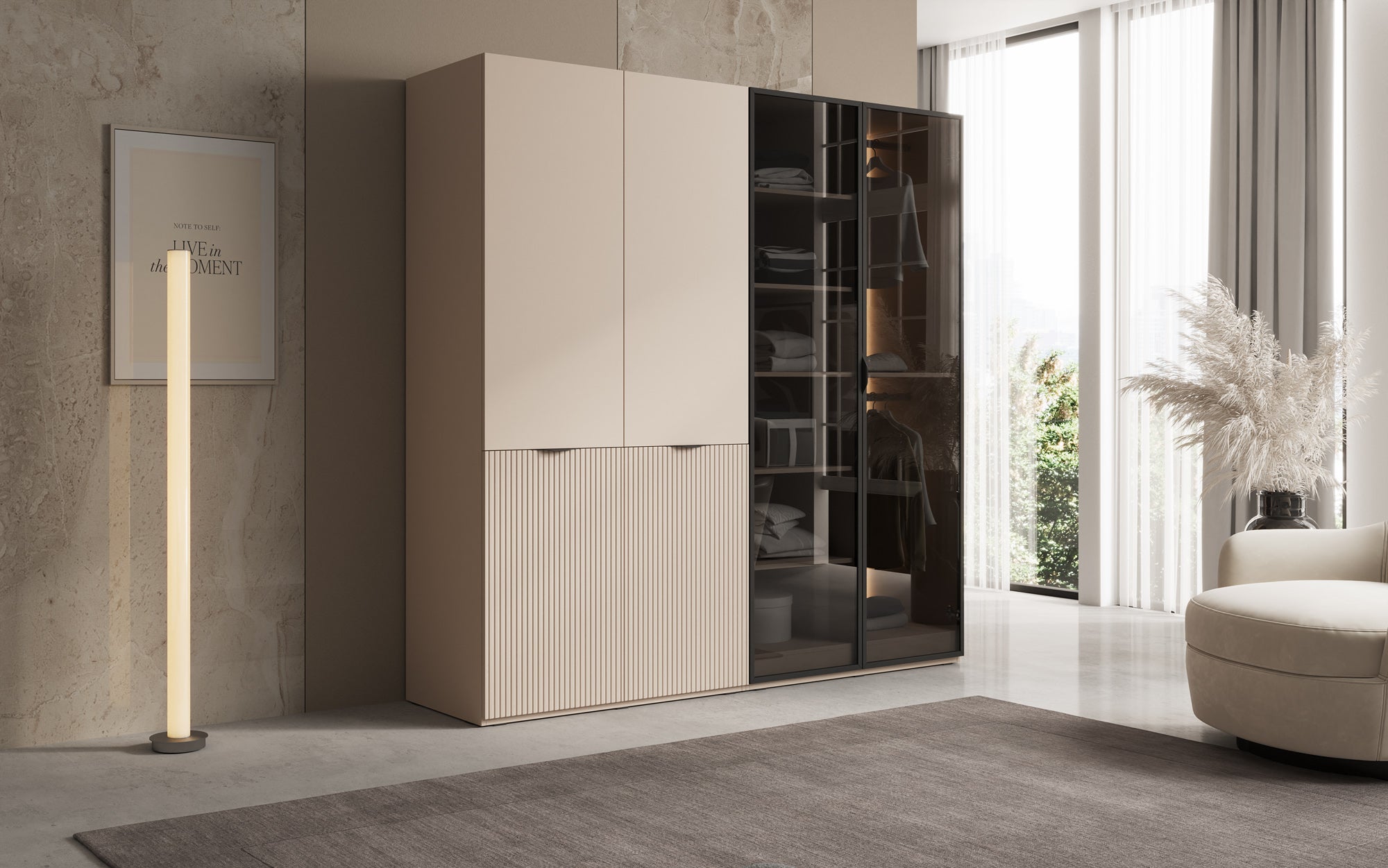 Modulo Nero – Modularer Kleiderschrank mit Glas- und Strukturfront