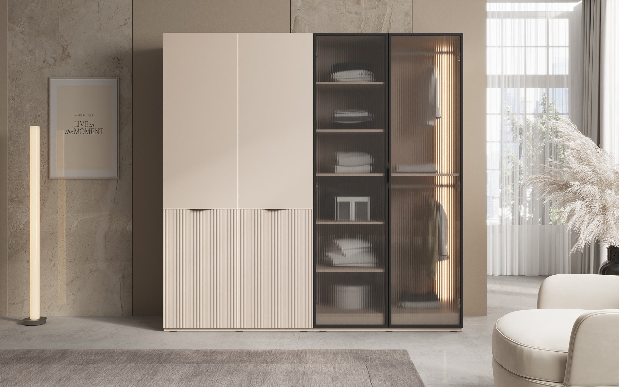 Modulo Ravo – Modularer Kleiderschrank mit geriffelter Glasfront und Strukturpaneel