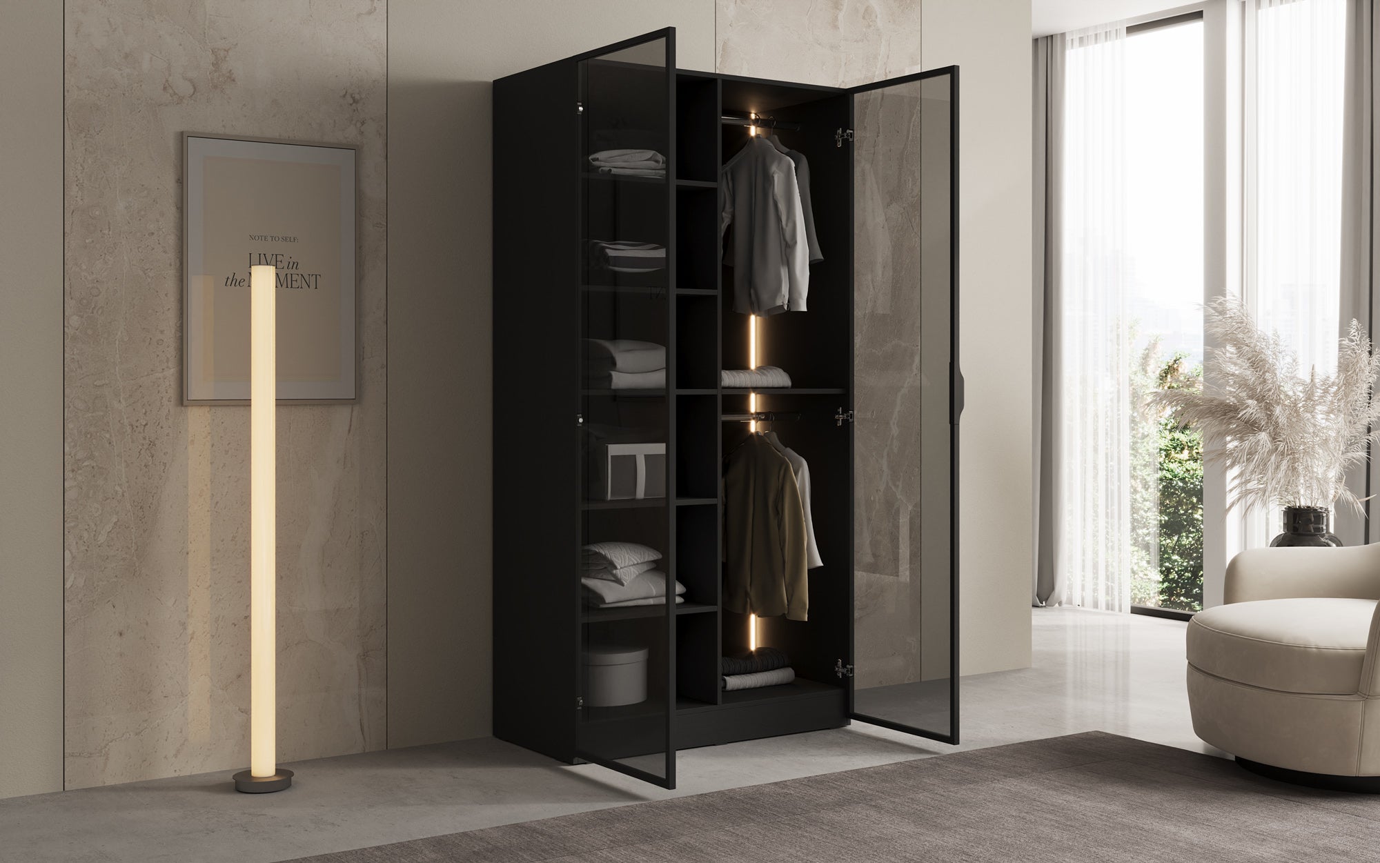 Modulo Luno – Design-Kleiderschrank mit Glasfront und LED-Innenbeleuchtung