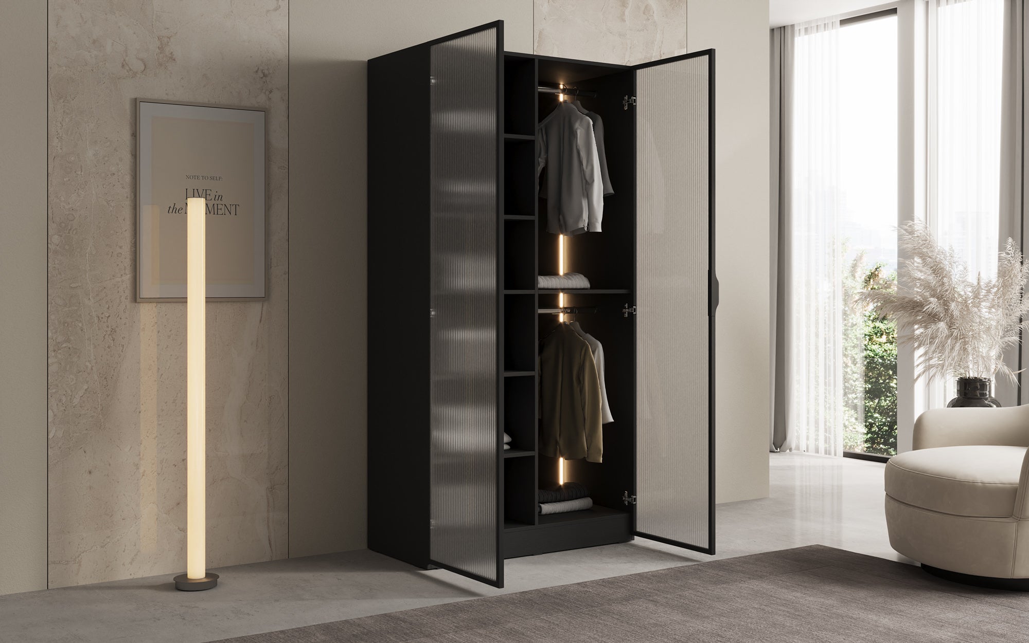Modulo Arda – Design-Kleiderschrank mit geriffelter Glasfront