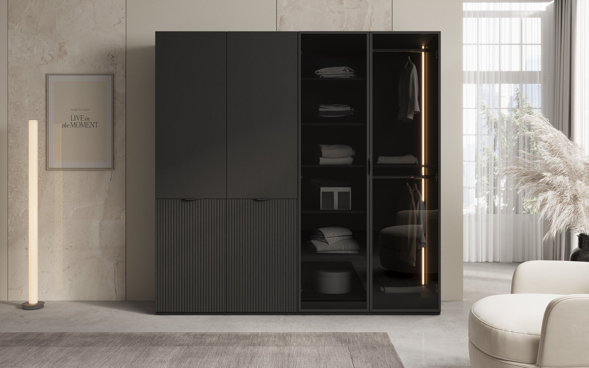 Modulo Nero – Modularer Kleiderschrank mit Glas- und Strukturfront