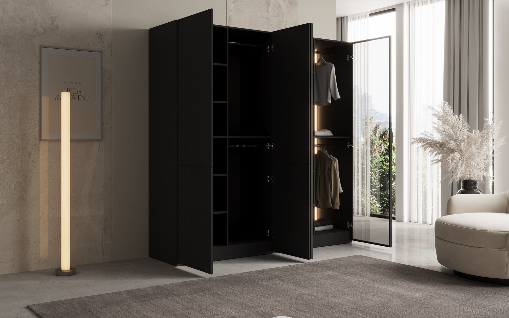 Modulo Nero – Modularer Kleiderschrank mit Glas- und Strukturfront