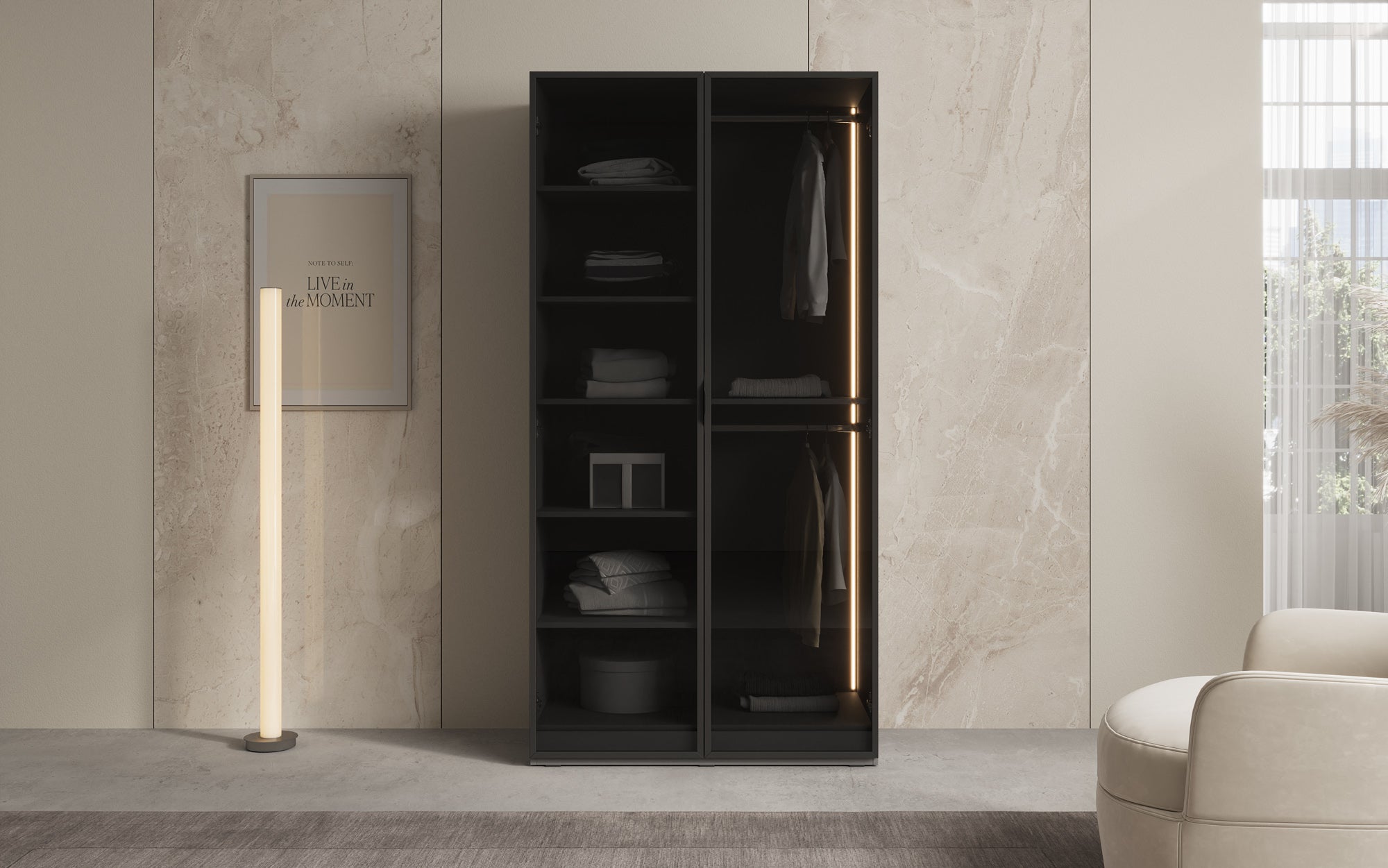 Modulo Luno – Design-Kleiderschrank mit Glasfront und LED-Innenbeleuchtung