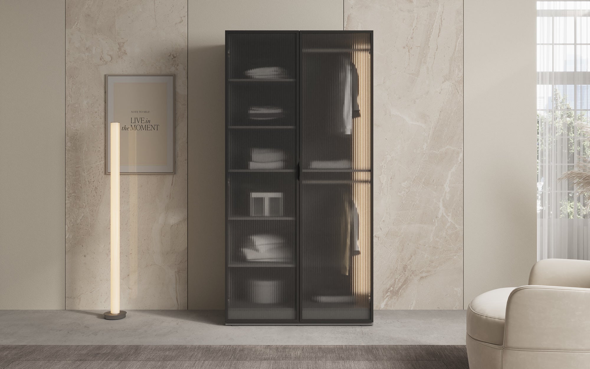 Modulo Arda – Design-Kleiderschrank mit geriffelter Glasfront