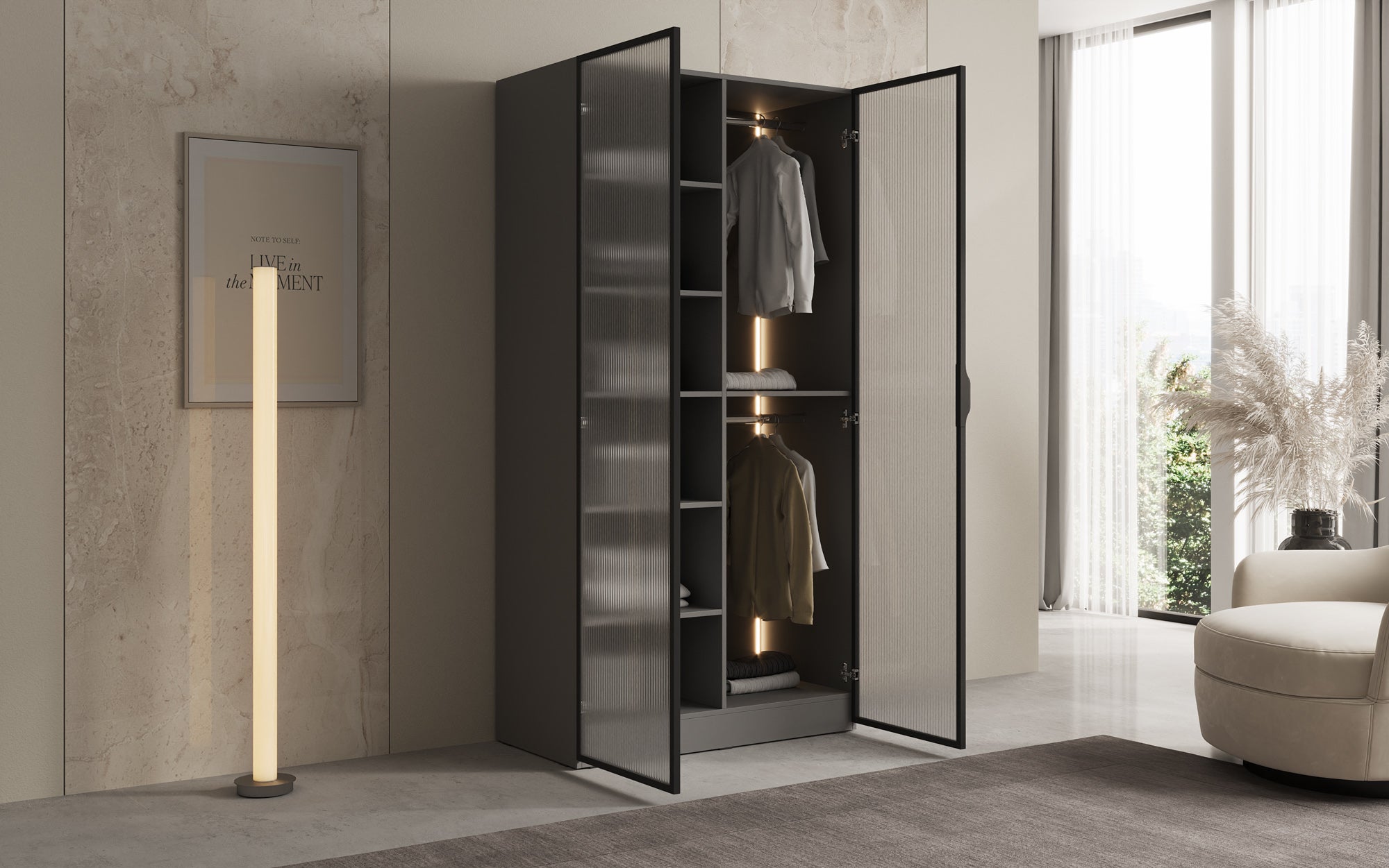 Modulo Arda – Design-Kleiderschrank mit geriffelter Glasfront