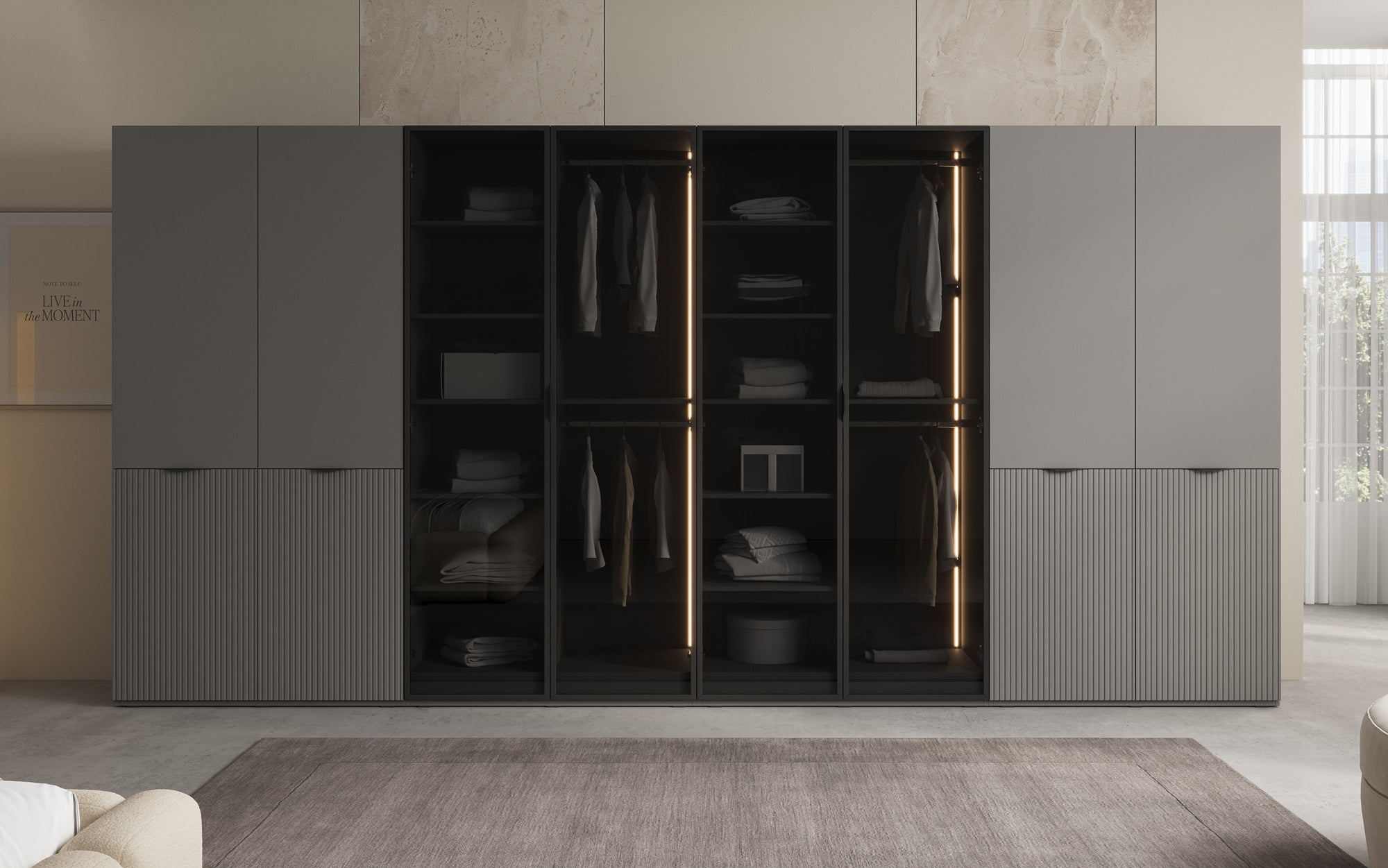 Modulo Verno – Modularer Design-Kleiderschrank mit Glas- und Strukturfront