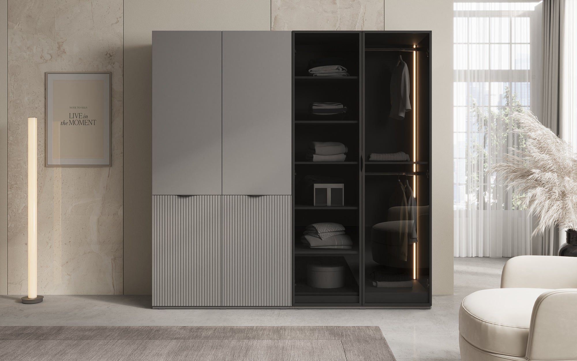 Modulo Nero – Modularer Kleiderschrank mit Glas- und Strukturfront