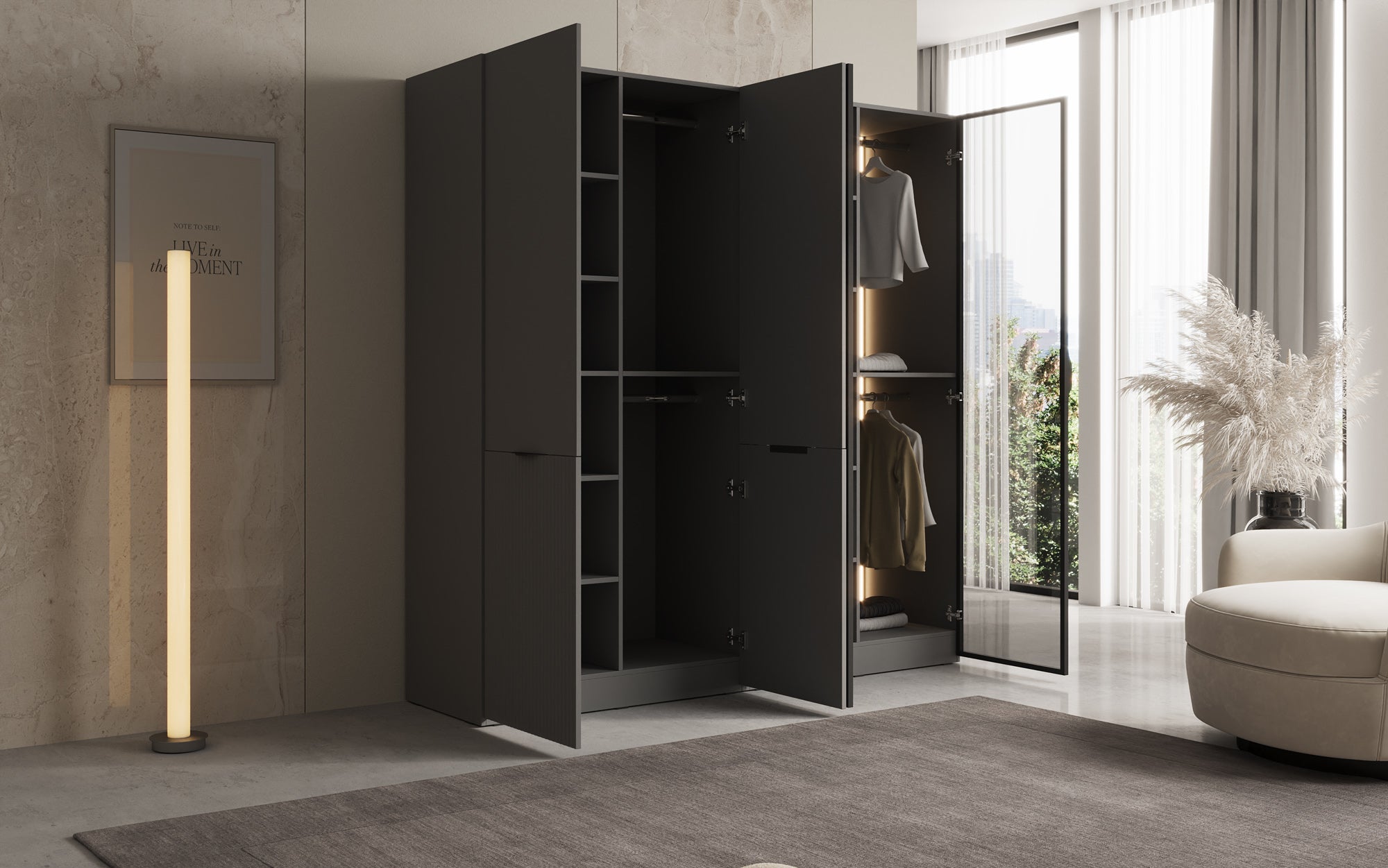 Modulo Nero – Modularer Kleiderschrank mit Glas- und Strukturfront