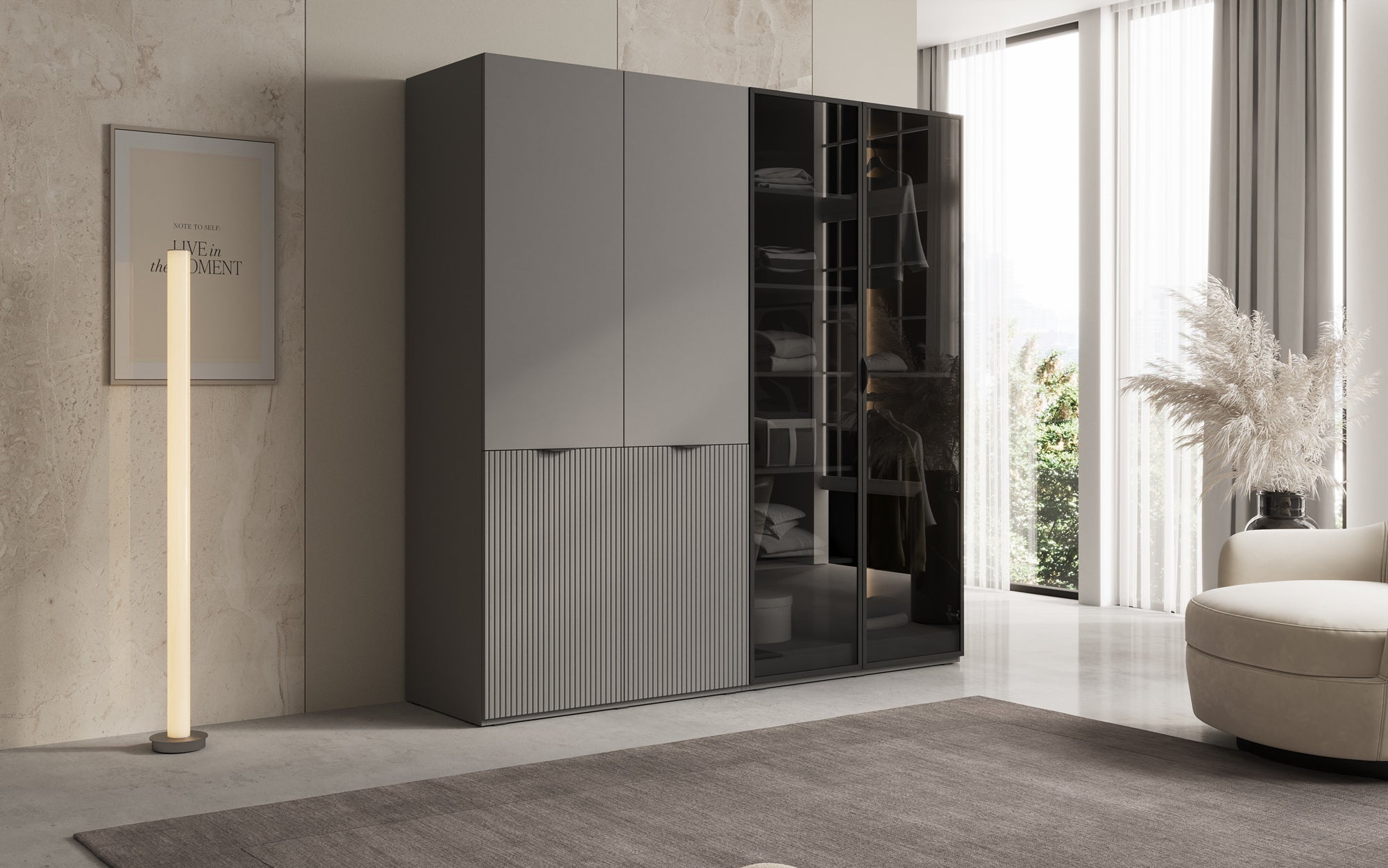 Modulo Nero – Modularer Kleiderschrank mit Glas- und Strukturfront