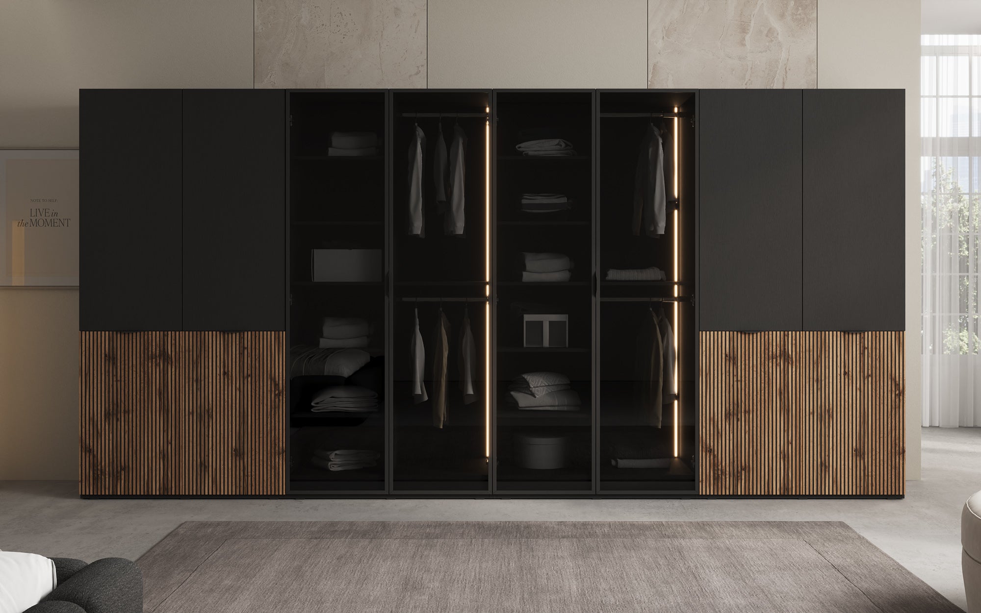 Modulo Arven XL – Viermoduliger Design-Kleiderschrank mit Holz- und Glasfront