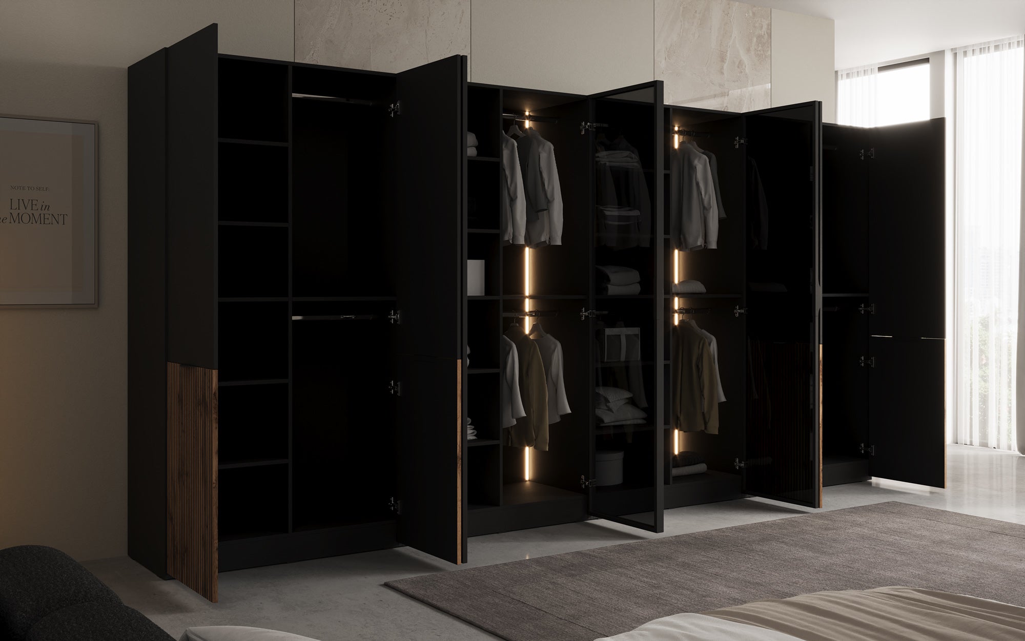 Modulo Arven XL – Viermoduliger Design-Kleiderschrank mit Holz- und Glasfront