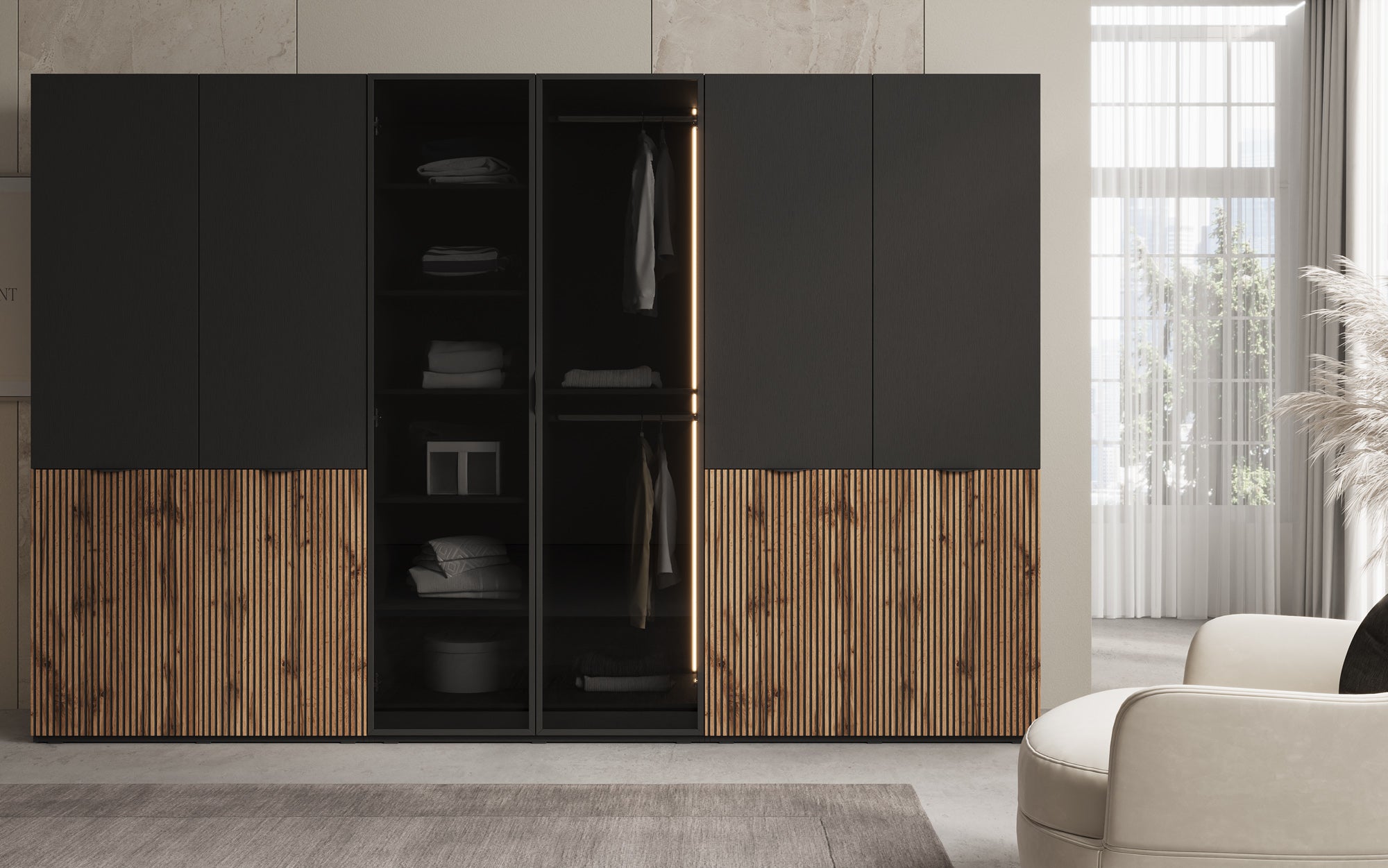 Modulo Arven – Dreimoduliger Design-Kleiderschrank mit Holz- und Glasfront