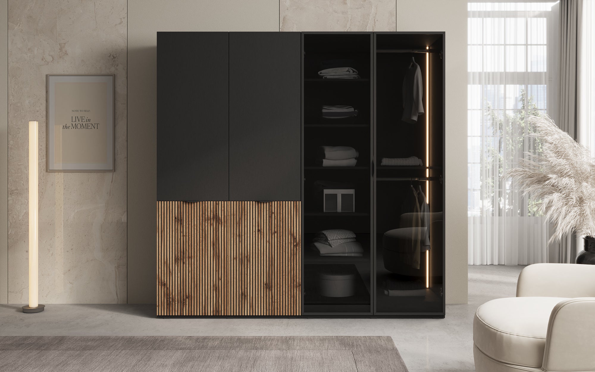 Modulo Varen – Zweimoduliger Design-Kleiderschrank mit Holz- und Glasfront