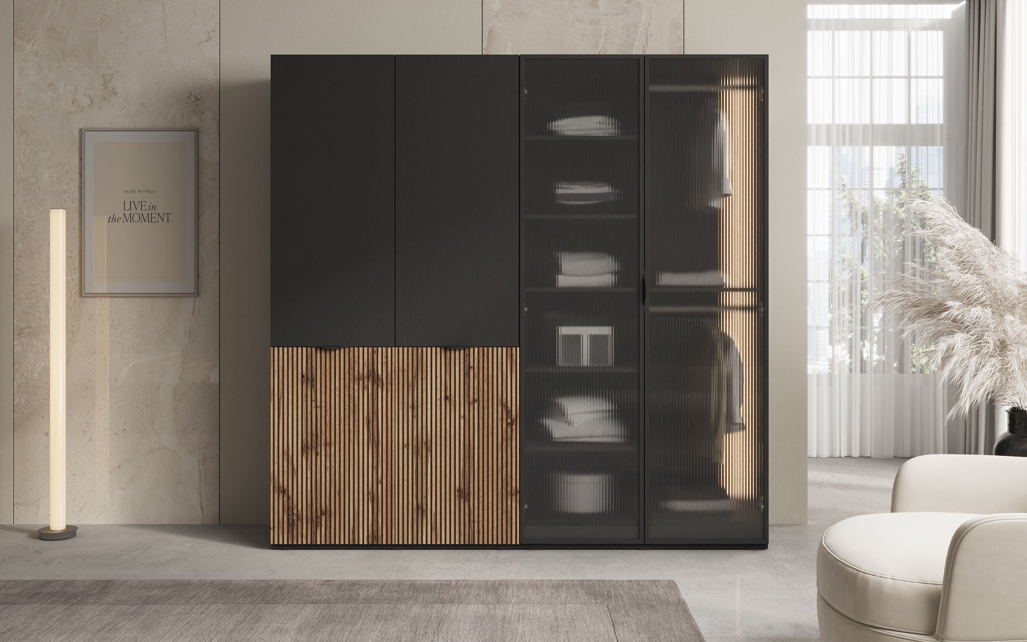 Modulo Ravel – Zweimoduliger Design-Kleiderschrank mit Holz- und Strukturglasfront
