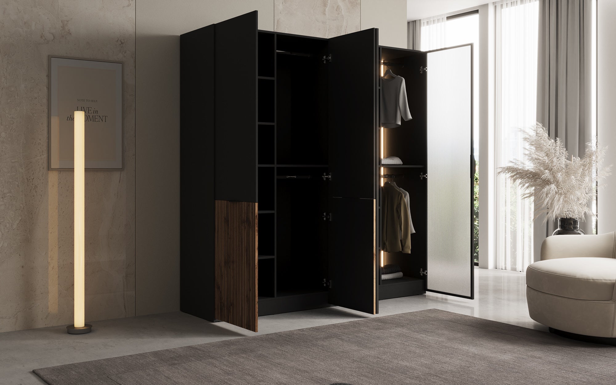 Modulo Ravel – Zweimoduliger Design-Kleiderschrank mit Holz- und Strukturglasfront