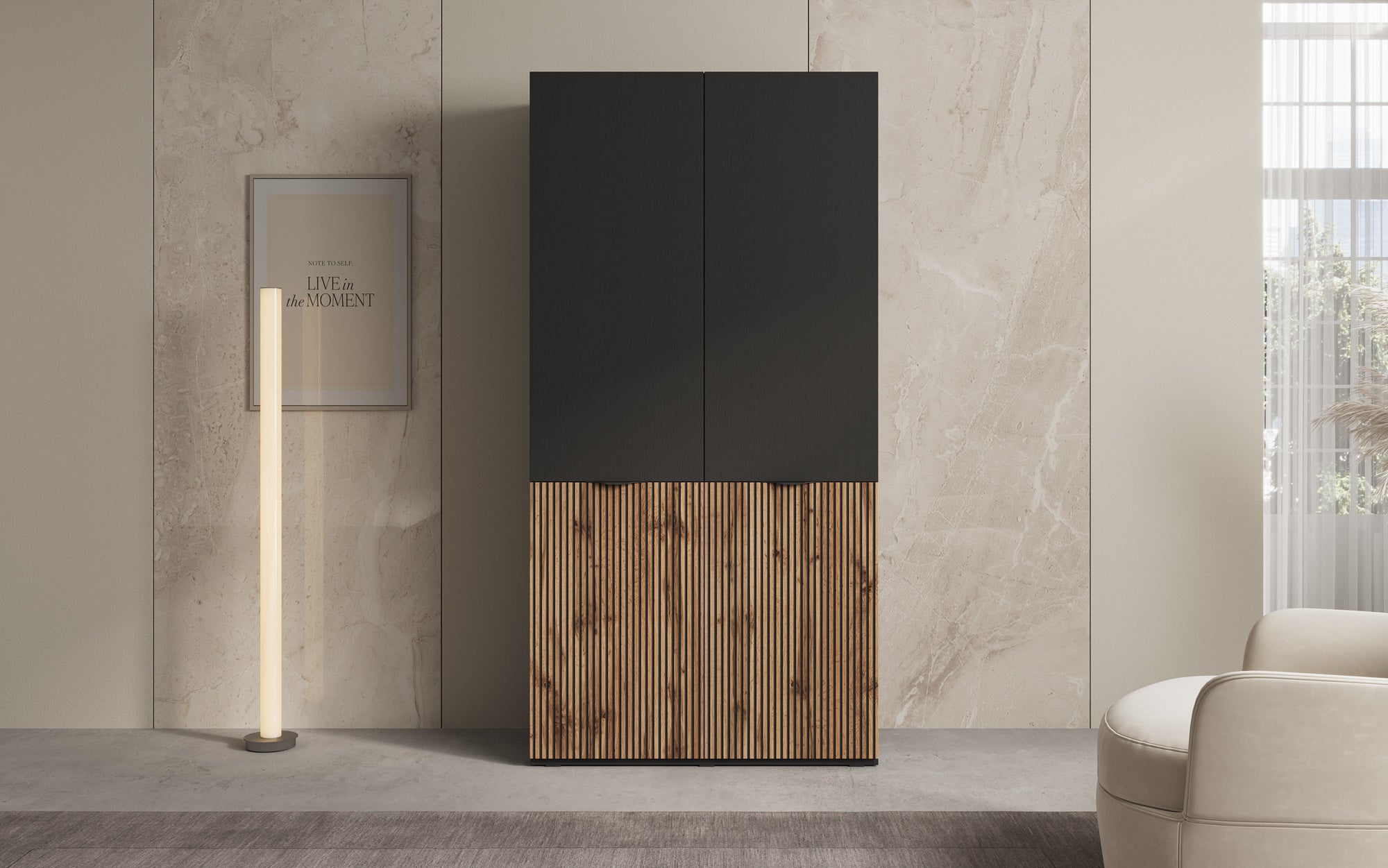 Modulo Naro – Design-Kleiderschrank mit dunklem Korpus und Holzdekor-Front