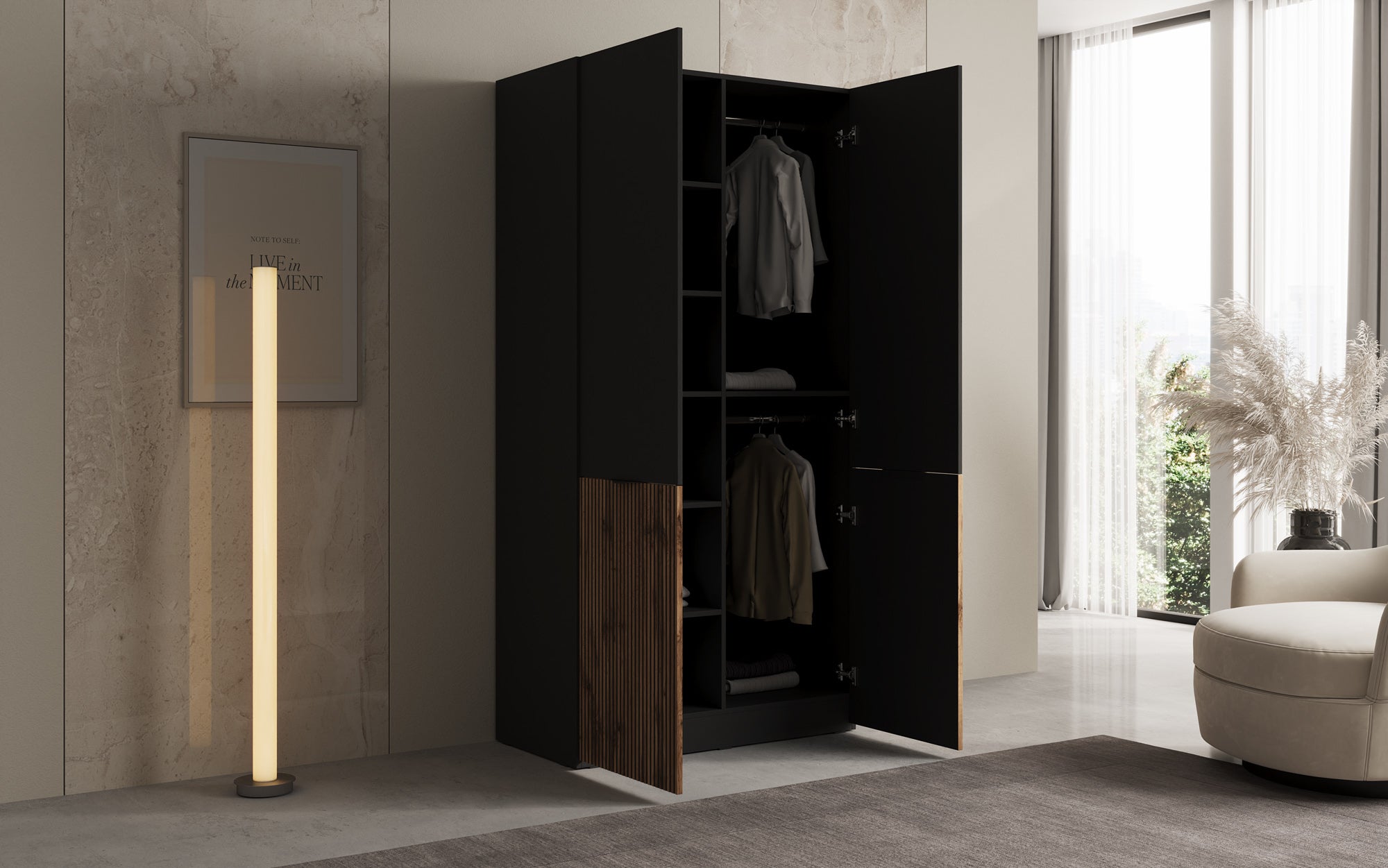 Modulo Naro – Design-Kleiderschrank mit dunklem Korpus und Holzdekor-Front