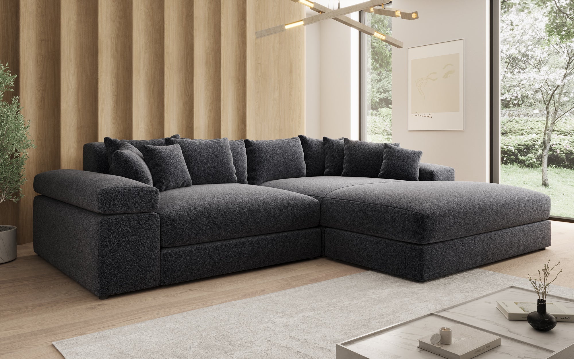 Designer Sofa Bernardo mit breiter Ottomane in Strukturstoff