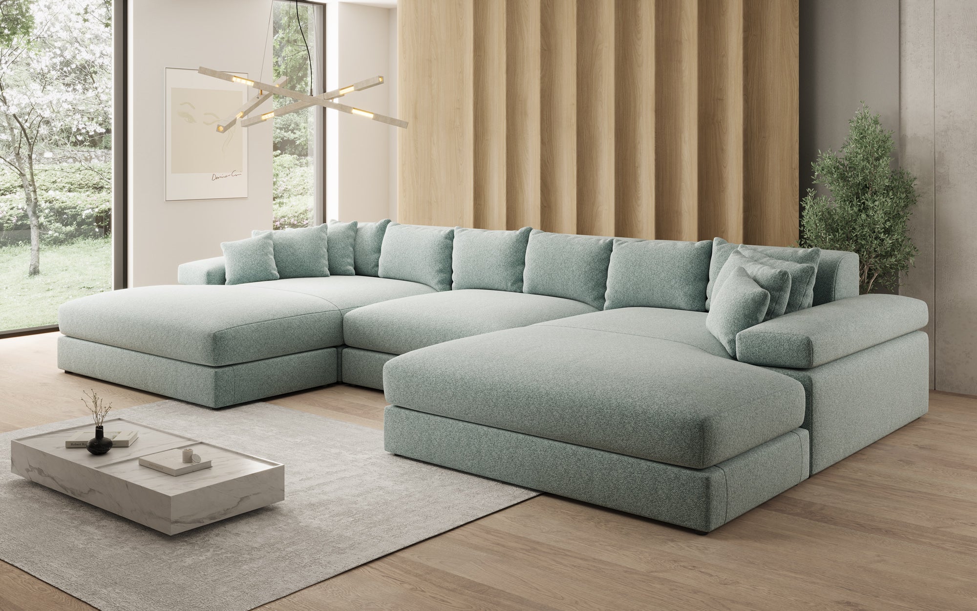 Designer Sofa Bernardo U mit breiter Ottomane in Strukturstoff