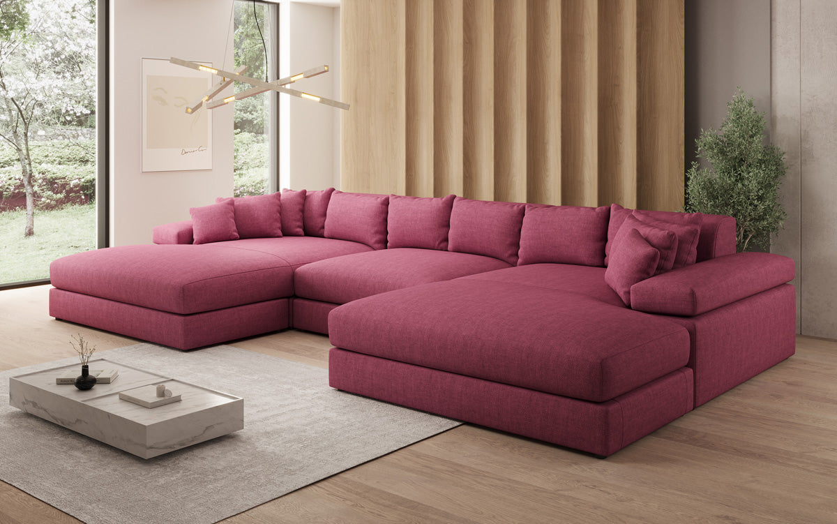 Designer Sofa Bernardo U mit breiter Ottomane in Leinen-Optik