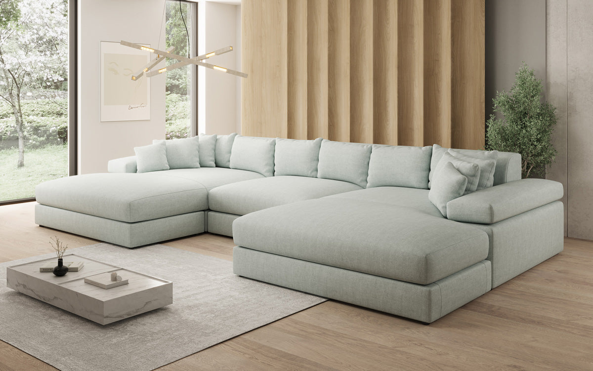 Designer Sofa Bernardo U mit breiter Ottomane in Leinen-Optik