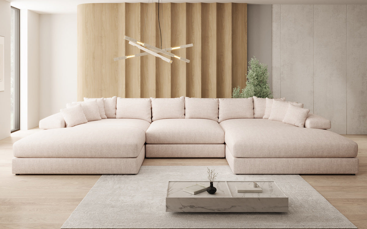 Designer Sofa Bernardo U mit breiter Ottomane in Leinen-Optik