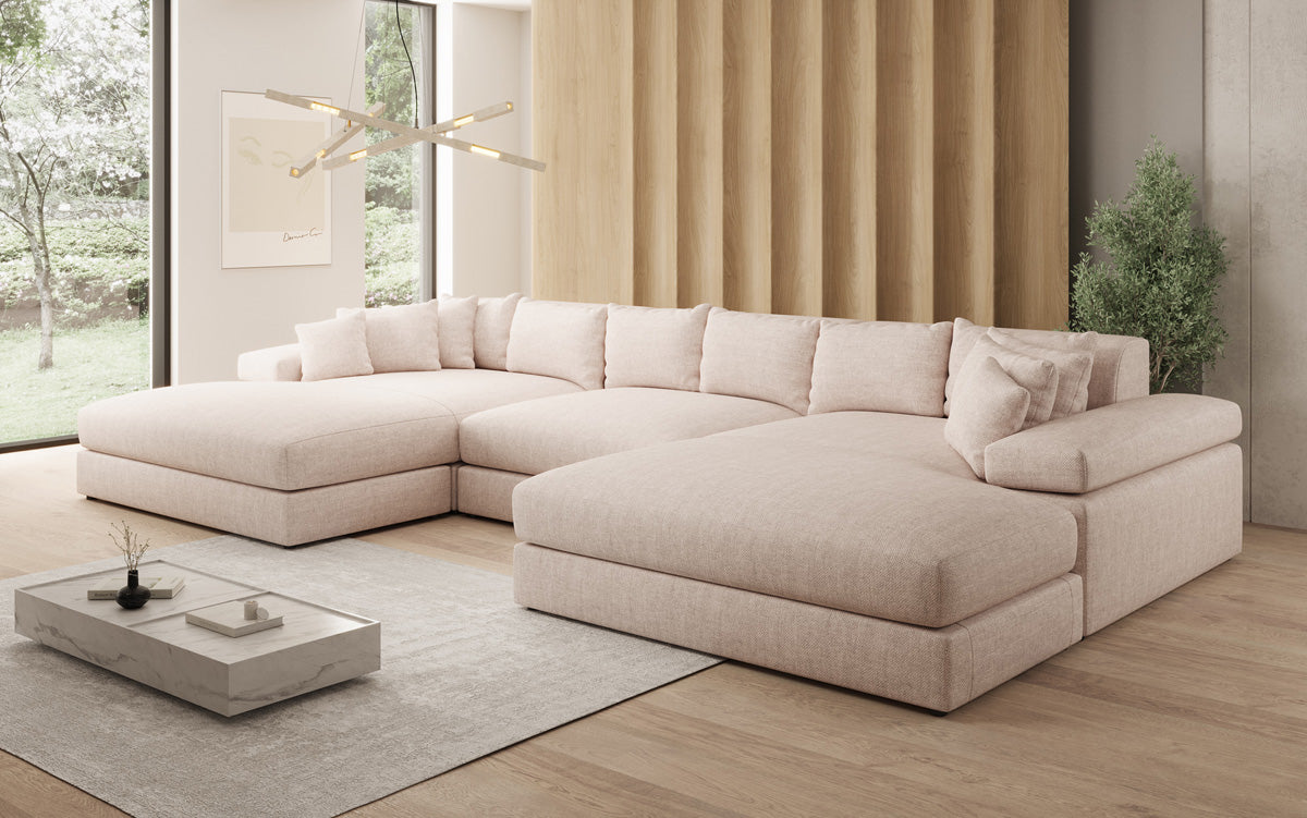Designer Sofa Bernardo U mit breiter Ottomane in Leinen-Optik