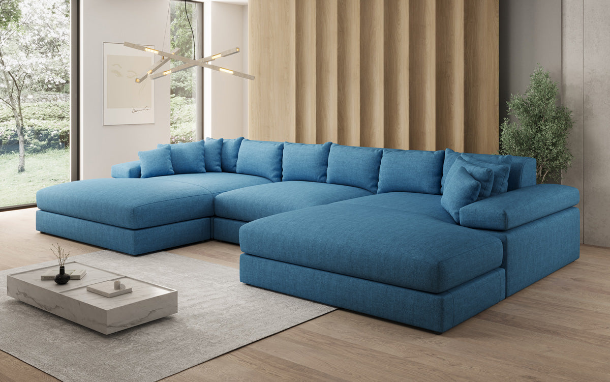 Designer Sofa Bernardo U mit breiter Ottomane in Leinen-Optik
