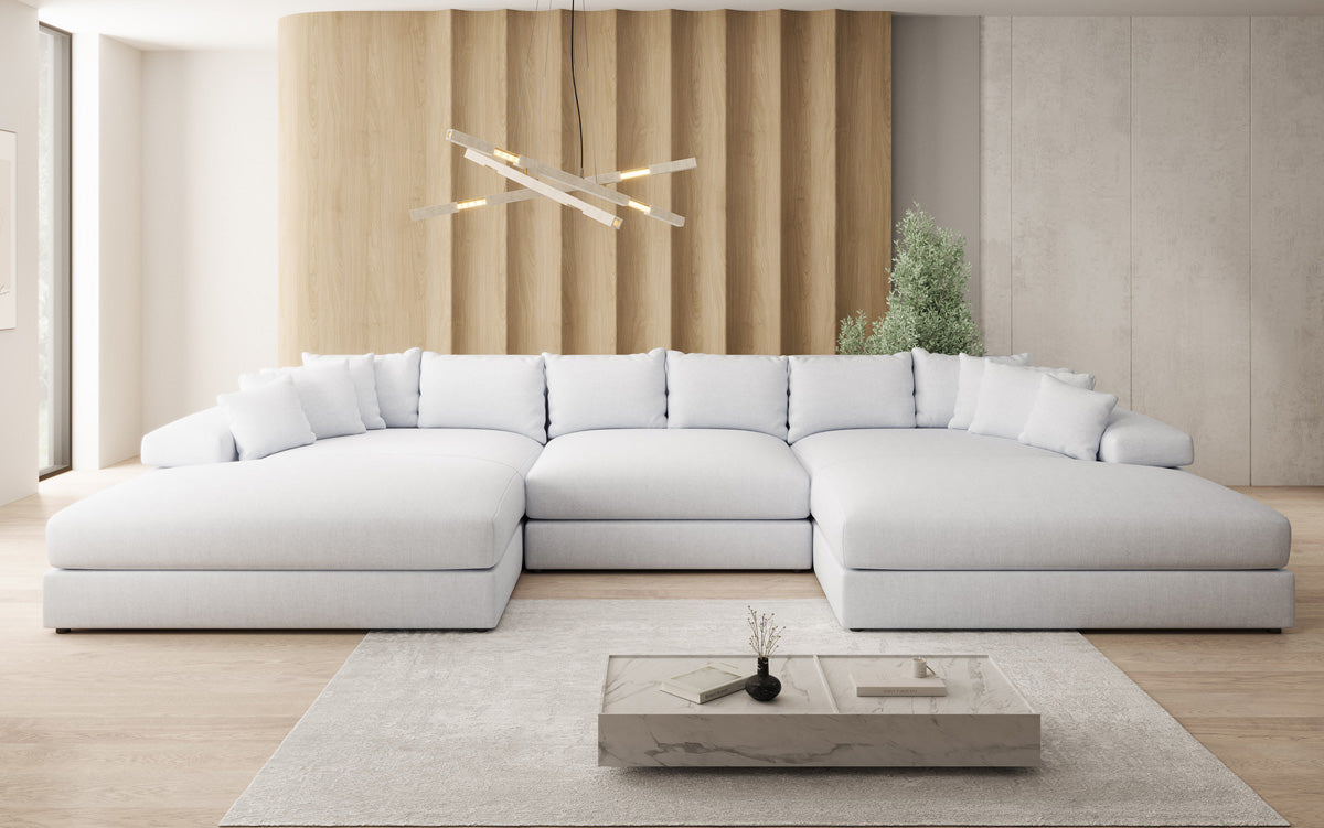Designer Sofa Bernardo U mit breiter Ottomane in Leinen-Optik