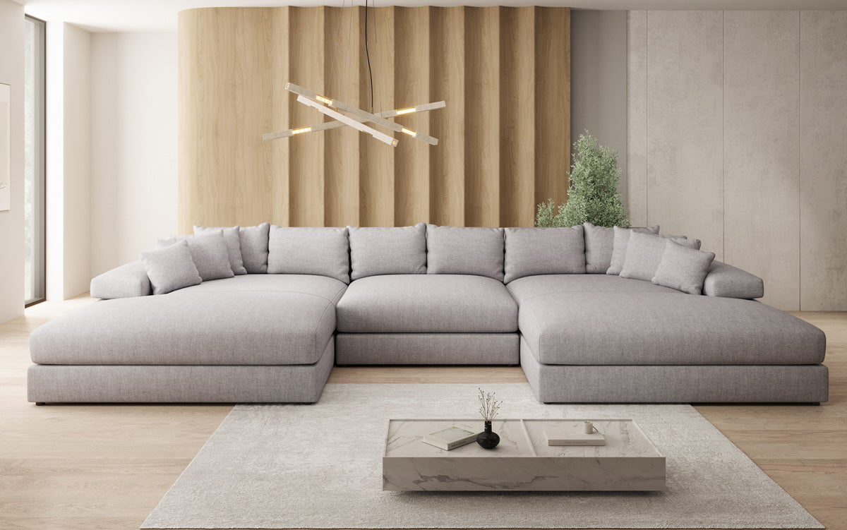 Designer Sofa Bernardo U mit breiter Ottomane in Leinen-Optik