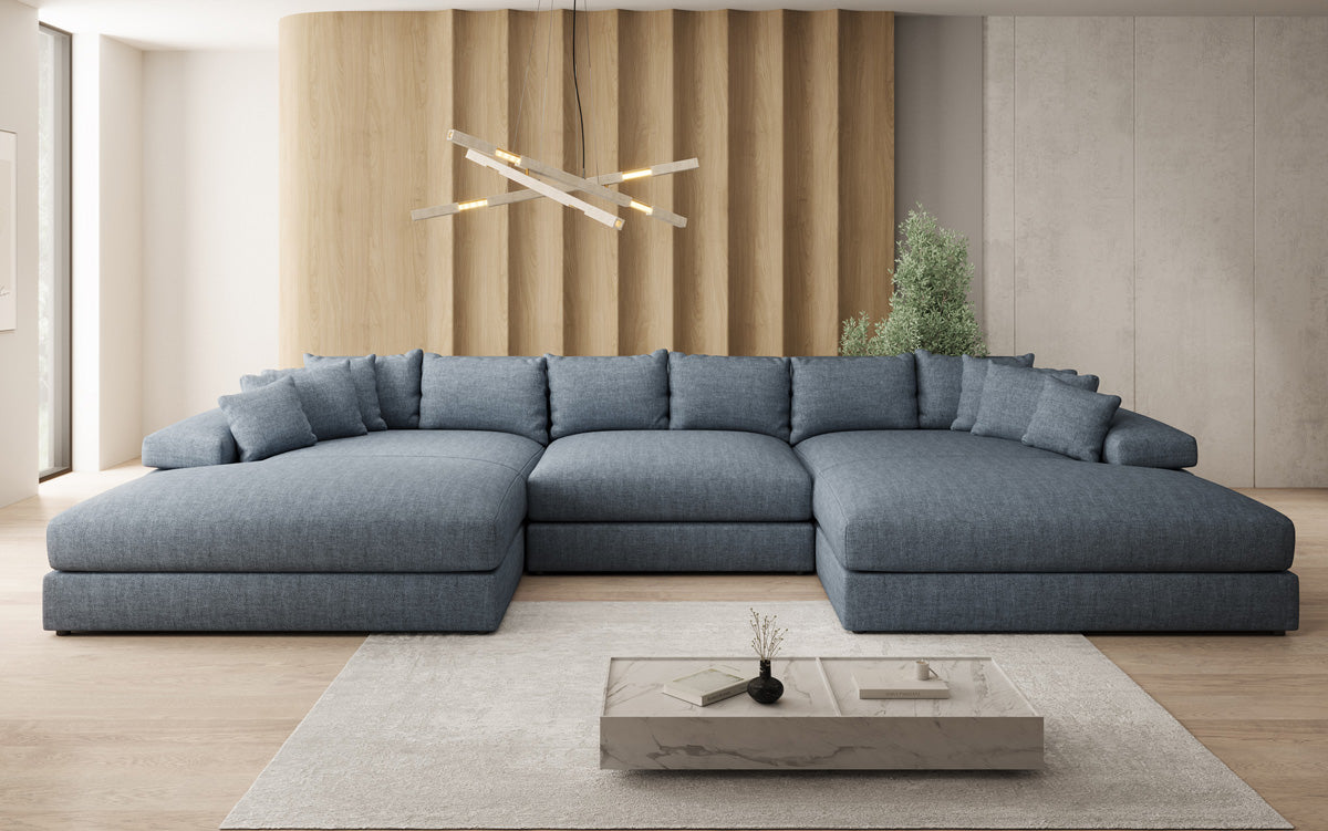 Designer Sofa Bernardo U mit breiter Ottomane in Leinen-Optik