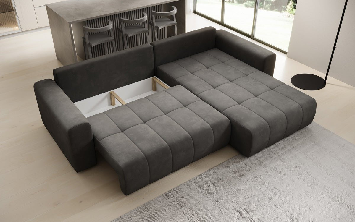 Designer Sofa Leveno L mit Schlaf- und Klappfunktion in Samt