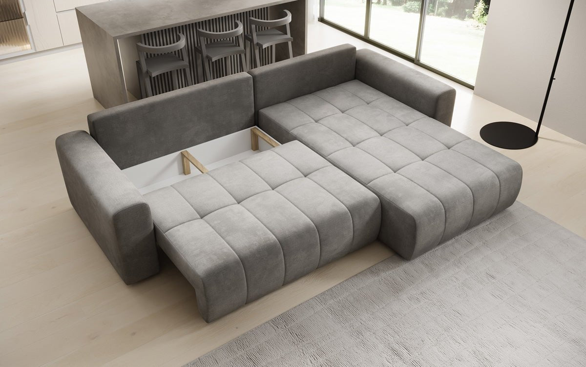 Designer Sofa Leveno L mit Schlaf- und Klappfunktion in Samt