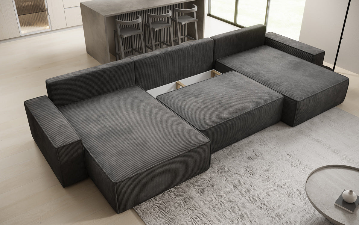 Designer Sofa Lunaro U mit Schlaffunktion und Stauraum in Cord