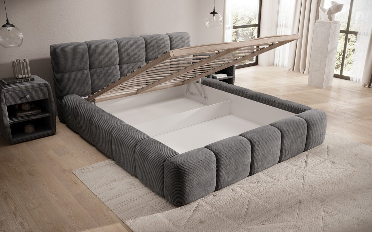 Designer Polsterbett Nox in Cord mit Stauraum