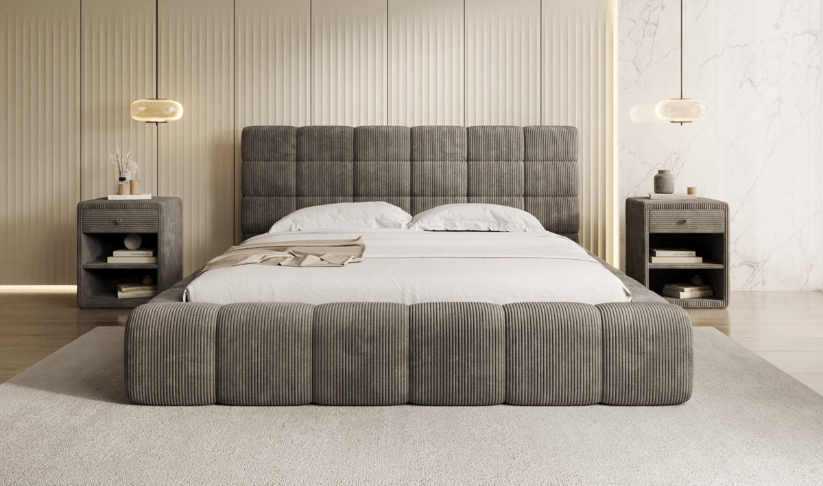 Designer Polsterbett Marshmallow in Cord mit Stauraum