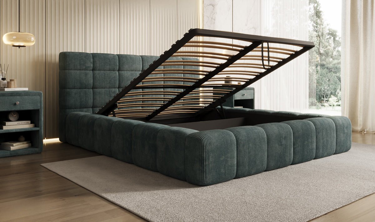 Designer Polsterbett Marshmallow in Cord mit Stauraum