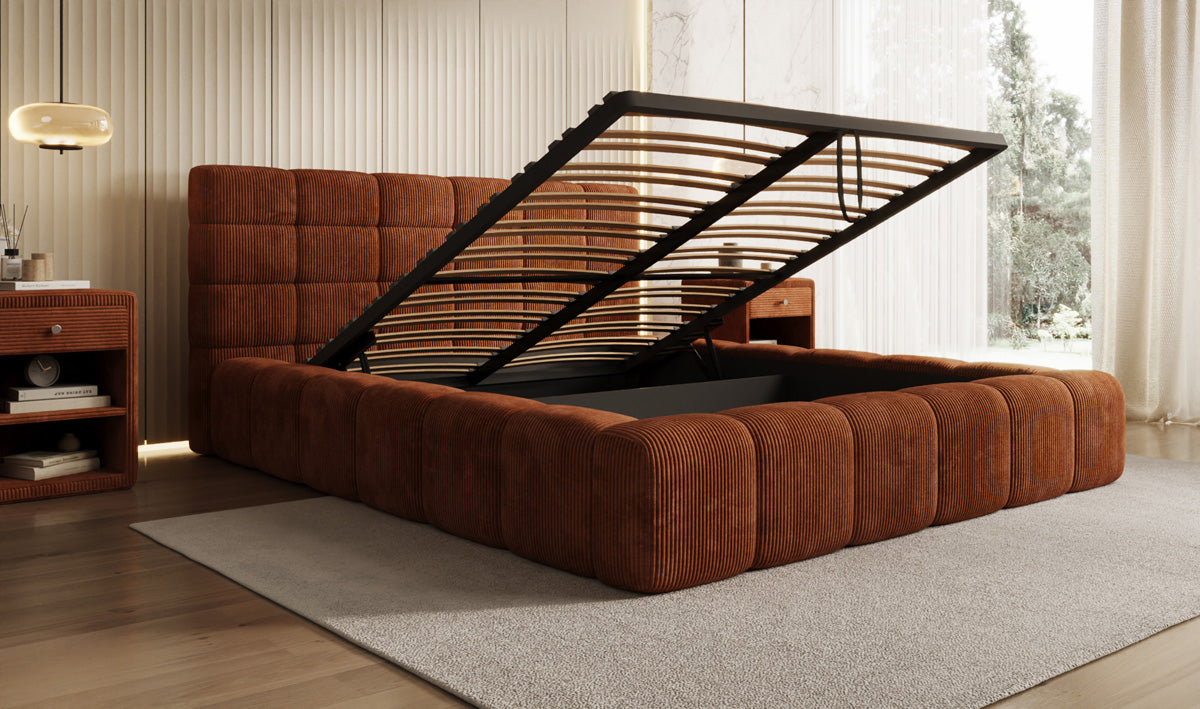 Designer Polsterbett Marshmallow in Cord mit Stauraum