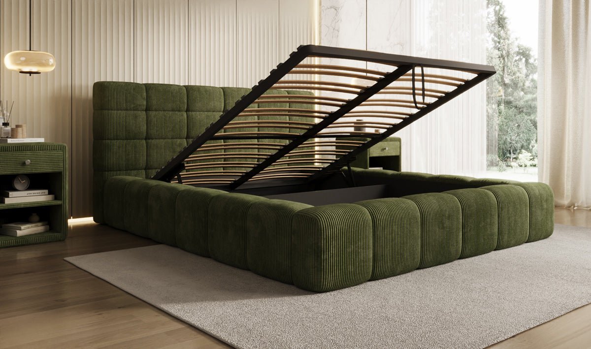 Designer Polsterbett Marshmallow in Cord mit Stauraum