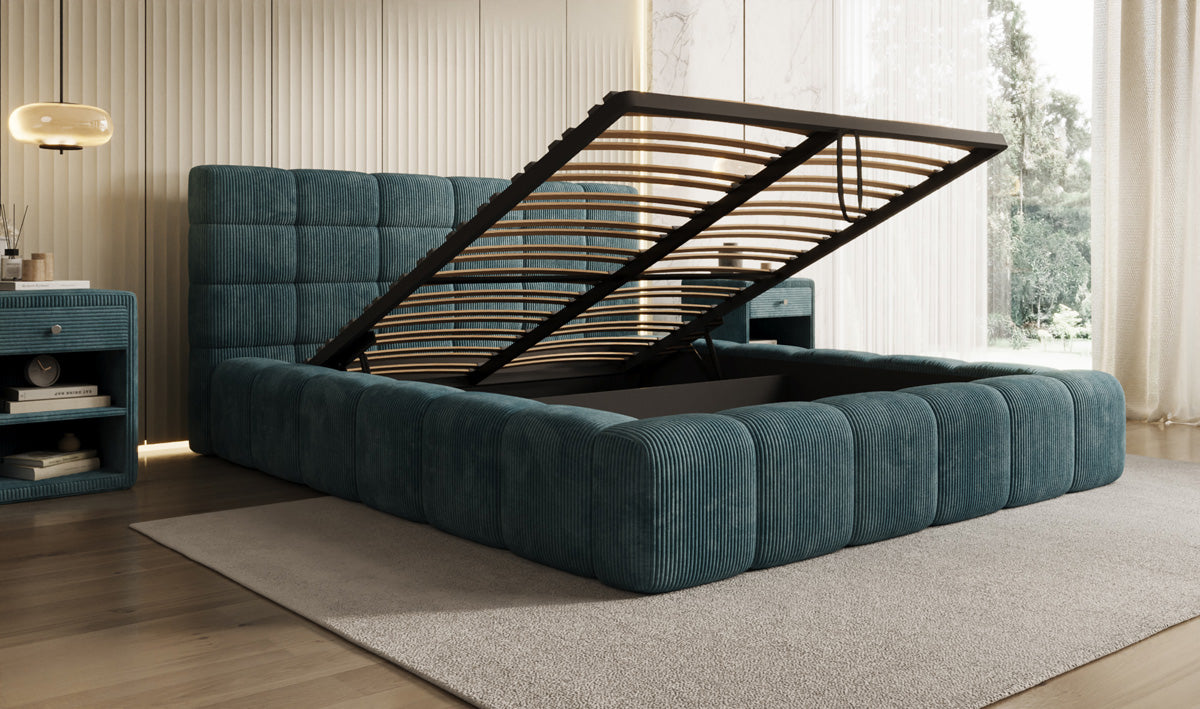 Designer Polsterbett Marshmallow in Cord mit Stauraum
