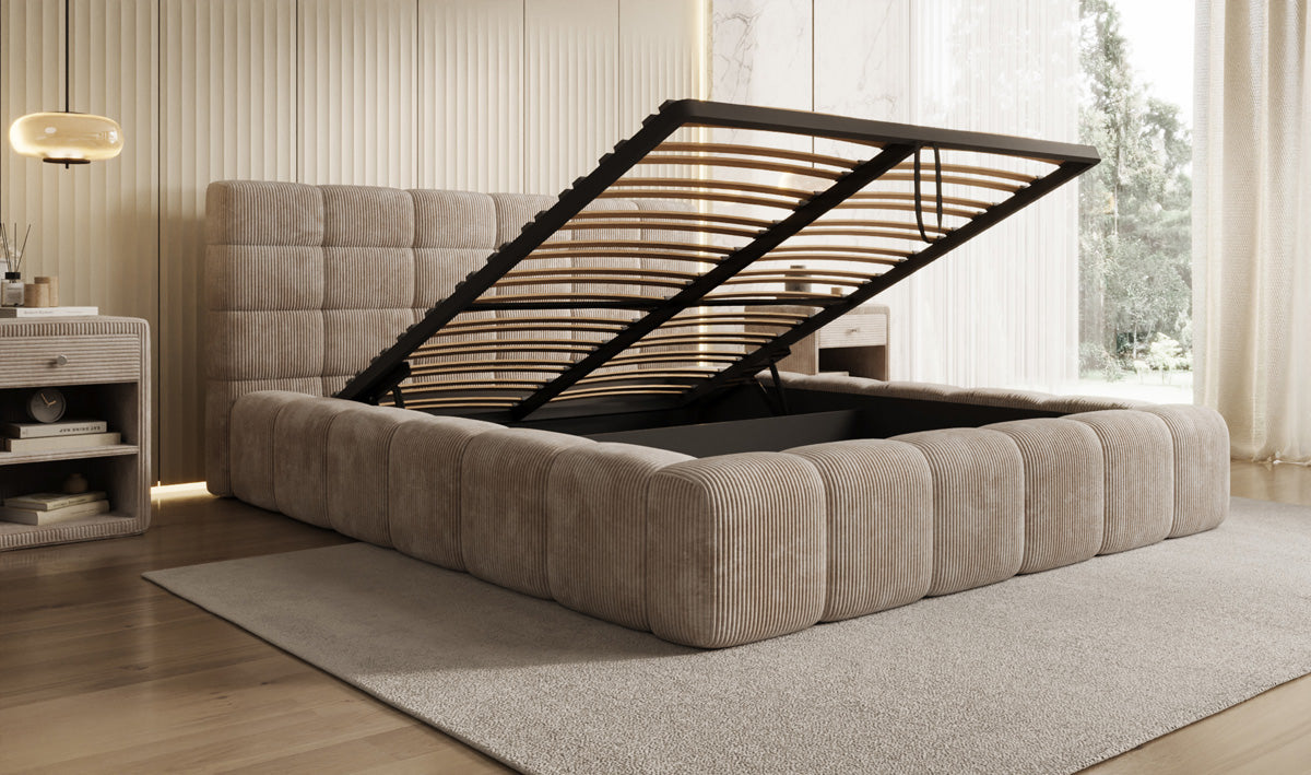 Designer Polsterbett Marshmallow in Cord mit Stauraum