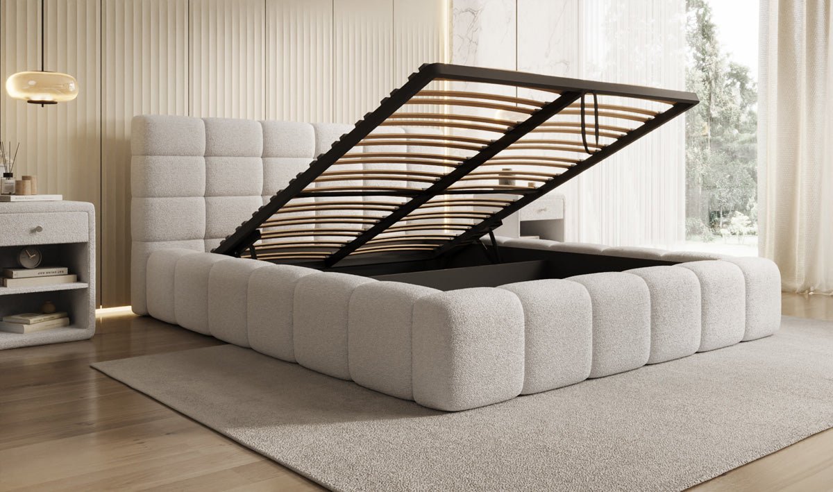 Designer Polsterbett Marshmallow in Teddy Bouclé mit Stauraum