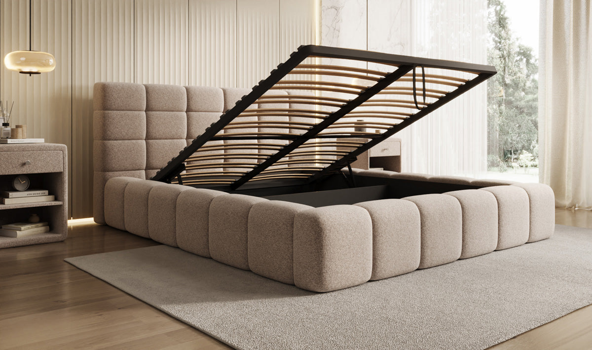 Designer Polsterbett Marshmallow in Strukturstoff mit Stauraum