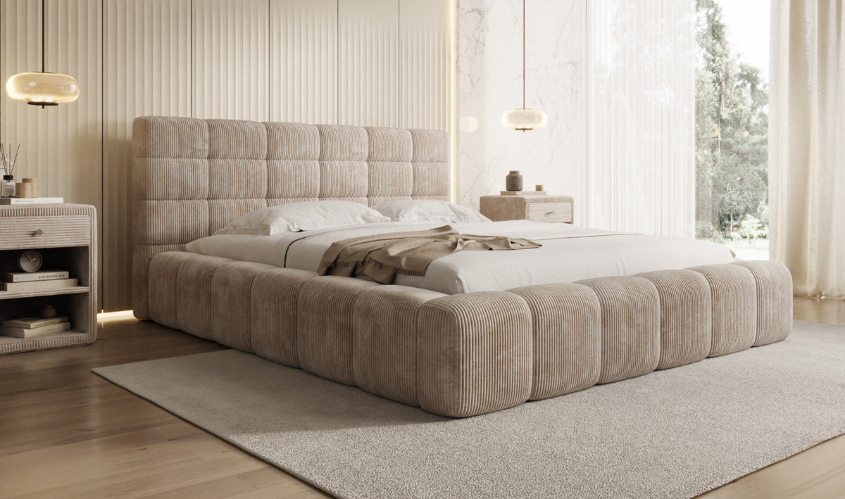 Designer Polsterbett Marshmallow in Cord mit Stauraum