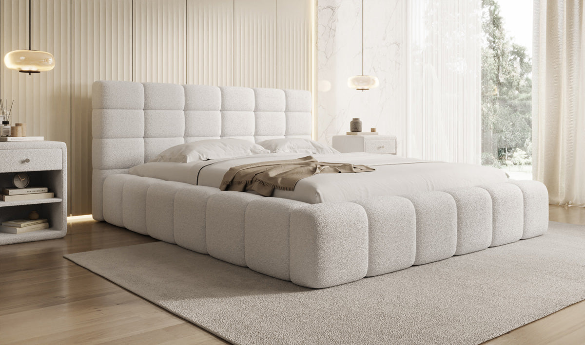 Designer Polsterbett Marshmallow in Teddy Bouclé mit Stauraum