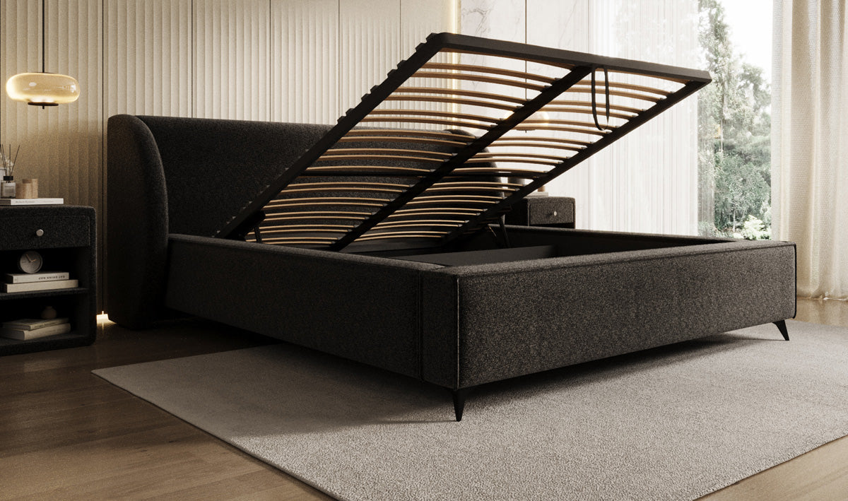 Designer Polsterbett Freya in Strukturstoff mit Stauraum