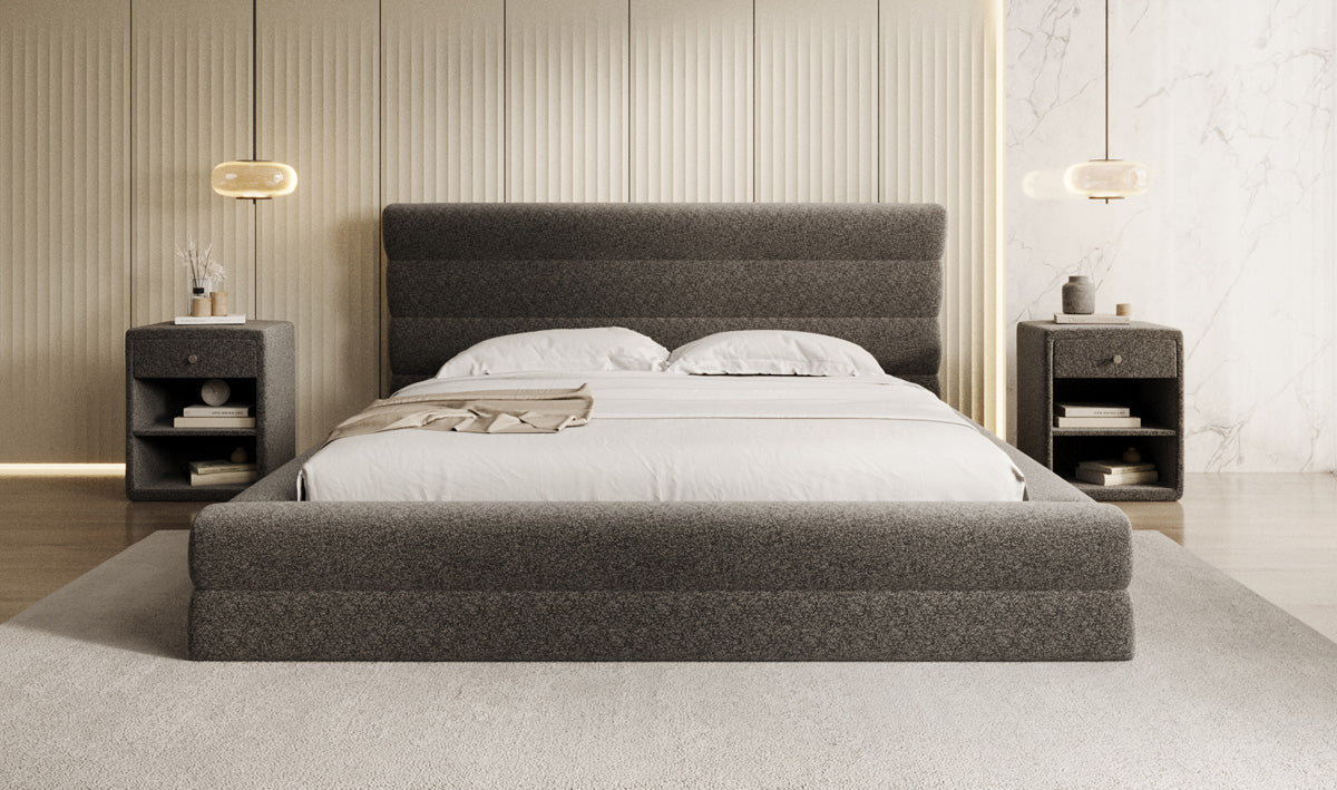 Designer Polsterbett Maren in Strukturstoff mit Stauraum