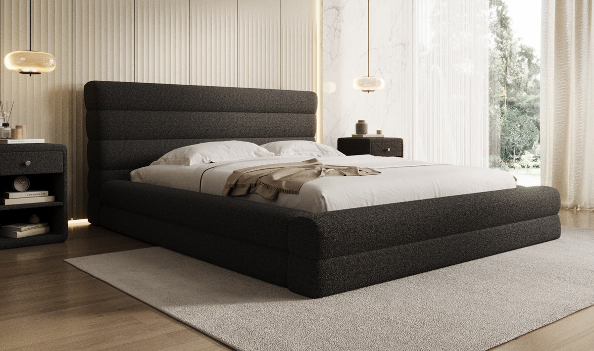 Designer Polsterbett Maren in Teddy Bouclé mit Stauraum